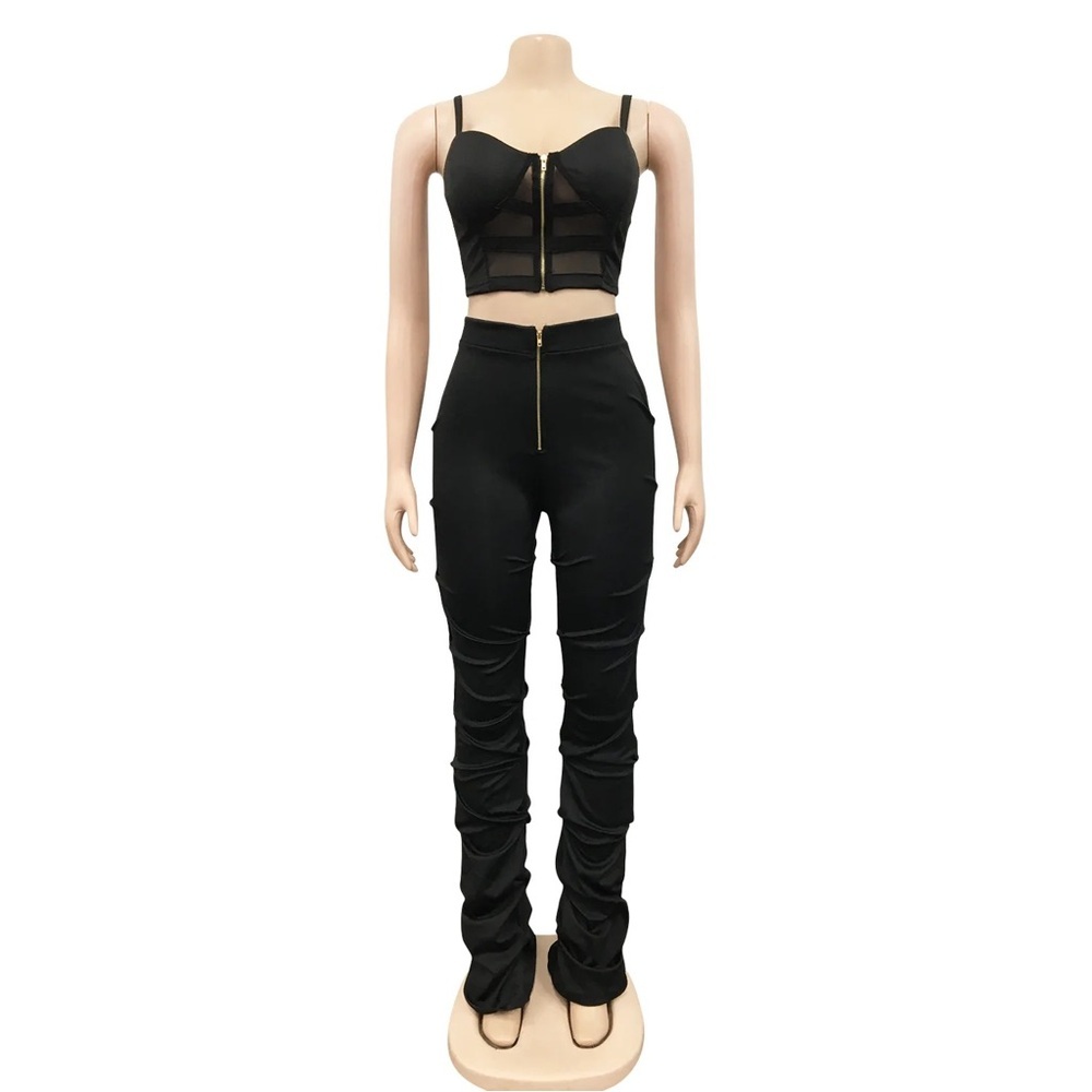 Street Sexy Women Outfit MeshCrop Top Stacked Ruched Pants Matching Two Piece L